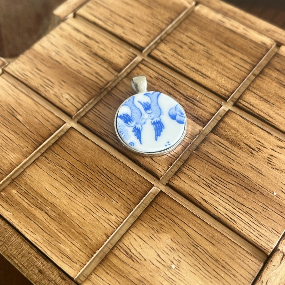 Blue and White Porcelain Bird Pendant Necklace
